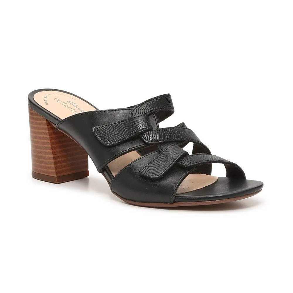 Clarks Jocelynn Rose Black Strappy Block Heel Slide Sandals - 7.5 NEW